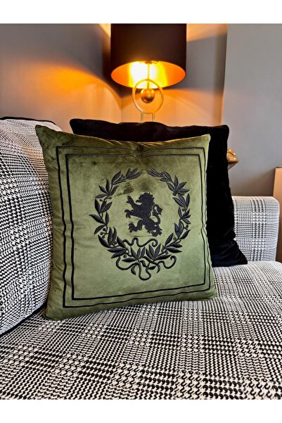 ref crea Royal Lion Symbol Embroidered Throw Pillow Cover Green-Black
