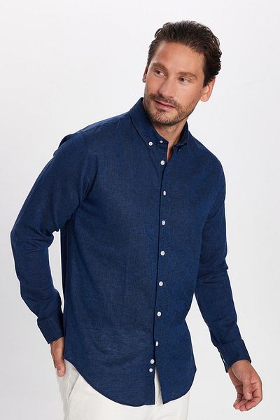 Tudors Slim Fit férfi karcsúsított hosszú ujjú lenvászon prémium sorozatú gombos galléros sport indigó ing