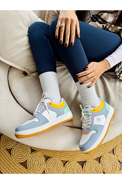 İnan Ayakkabı Kadın Mavi Beyaz Renk A Kalite Vegan Deri Sneakers & Spor Ayakkabı (Taban 3,5 cm)