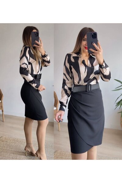 Deridün Yıldız Shoes    فستان نسائي بأكمام طويلة وطية صدر السترة مع حزام من الكريب