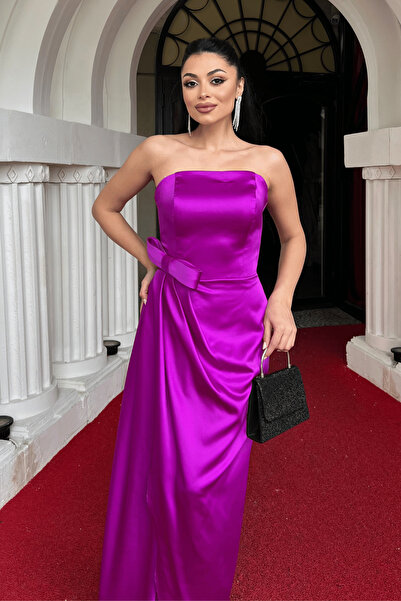 giyimmasalı Atlas Fabric Strapless Evening Dress - Fuchia