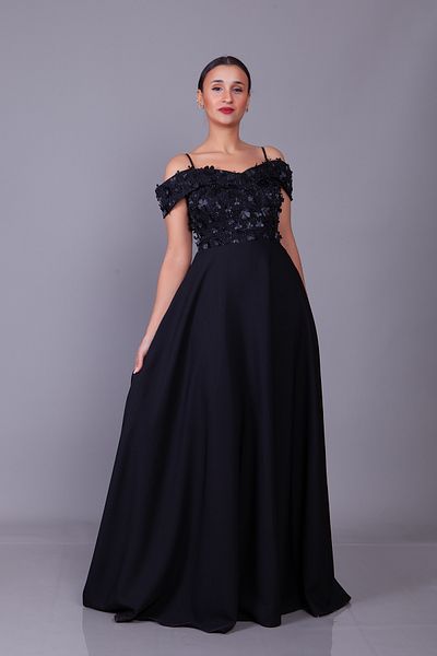 Bidoluelbise Black Strap Off Shoulder Floral Tulle Detail Maxi Length Flared Evening Dress