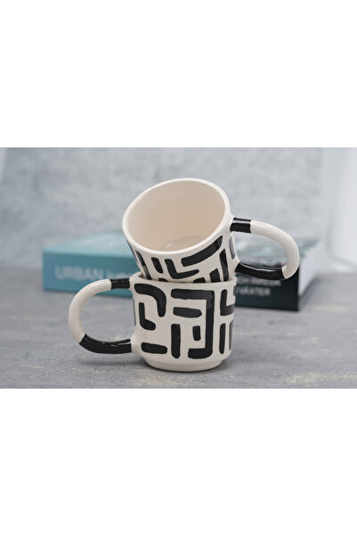 Melouro Black Calligraphic Stripes Set of 2 Handmade Ceramic Cups with Handles, Mug
