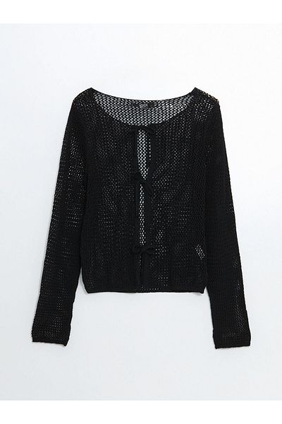 LC Waikiki Black Boat Neck Openwork Women's Knitwear Cardigan