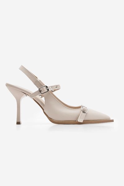 Marjin Damen-Schuhe mit Stiletto-Absatz, spitzer Zehenpartie, Trock-Schuhe mit offenem Rücken und Absatz, Zekra Ecru