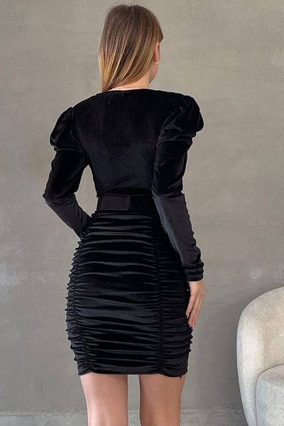 WOMAN VISION Țesătură din catifea elastică, cu rever dublu, cu mânecă lungă, mini rochie neagră cu accesorii pentru centură 582015