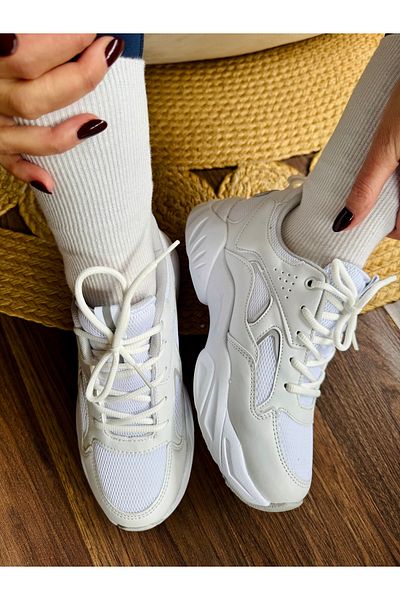 İnan Ayakkabı Women's White Gray Color a Quality Vegan Leather Women's Sneakers & Sports Shoes (Sole 4 cm)