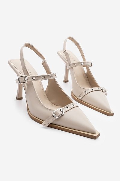 Marjin Damen-Schuhe mit Stiletto-Absatz, spitzer Zehenpartie, Trock-Schuhe mit offenem Rücken und Absatz, Zekra Ecru