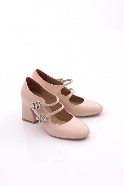 DGN Pantofi de dama cu toc scurt, cu brâu, piele lacuita bej 31012535