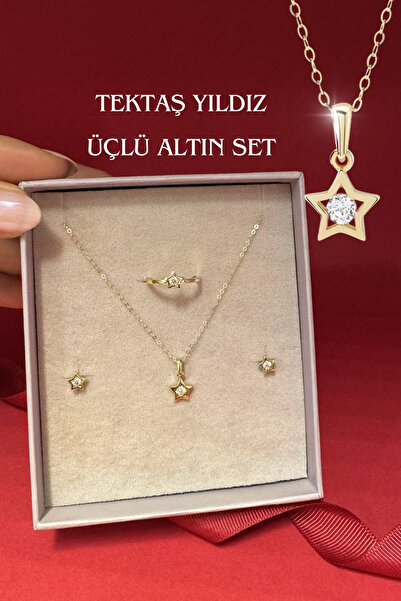 Hepimitu Tek Taşlı Yıldız Altın Set - 3'lü