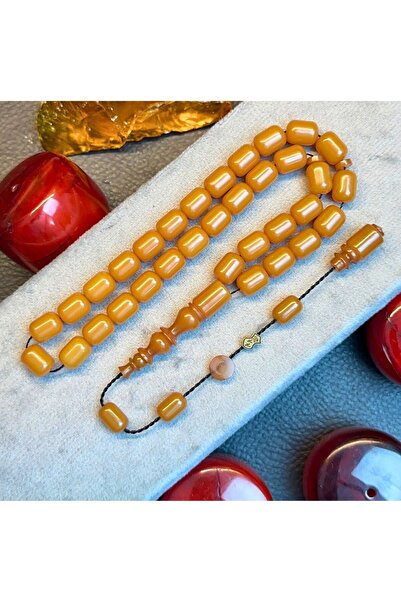 Artuğ Tesbih Sarı Renkli Usta İmzalı Sıkma Kehribar Tesbih