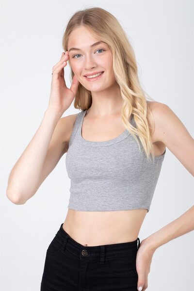 BAYKAR Γκρι Οβάλ Γιακά Χοντρό λουράκι Crop Bustier