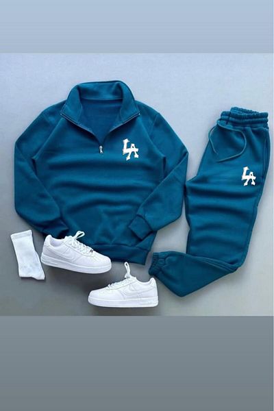 NO 601 Unisex Petrol Half Zipper Stand Collar La Printed Tracksuit Set
