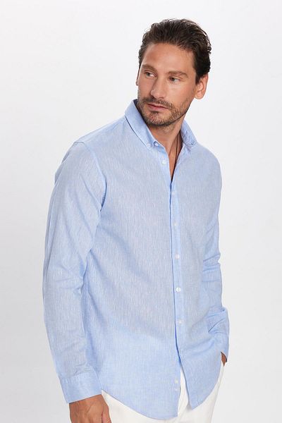 Tudors Cămașă sport albastră pentru bărbați, slim fit, cu mânecă lungă, din in, seria premium, cu guler cu nasturi