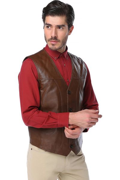 Dericlub Мъжки класически елек от естествена кожа - Kossel Camel Antique, с копчета