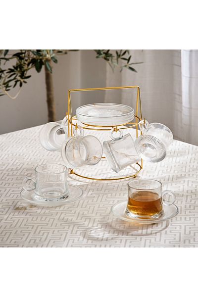 Home Box Orchid 12-Piece Glass Cup and Saucer Set with Stand 160 ml