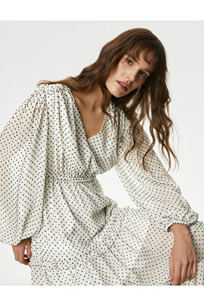 Marks & Spencer Puantiye Desenli Uzun Kollu Maxi Elbise