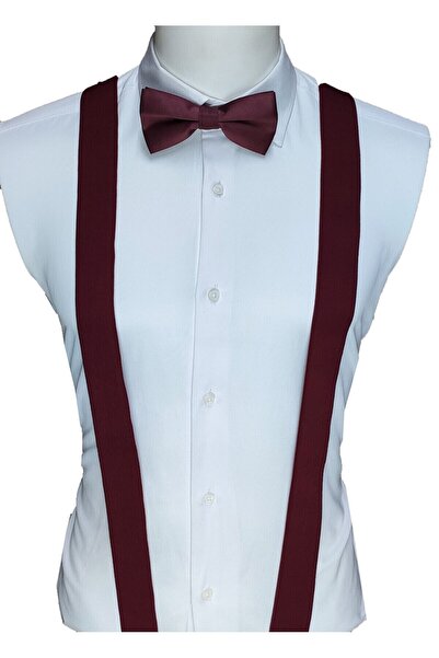 Elegante Cravatte Burgundy Color Trouser Suspenders and Bow Tie Set