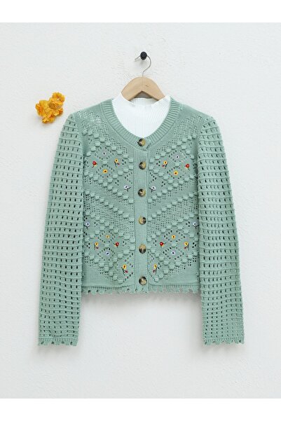 Modamorfo Çiçek Nakışlı Ponponlu Ajurlu Triko Hırka -Su Yeşili