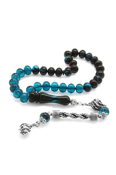 Tesbihane Non-Tarnish Metal Rope Tasseled Wheel Cut Straining Turquoise-black Fire Amber Prayer Beads