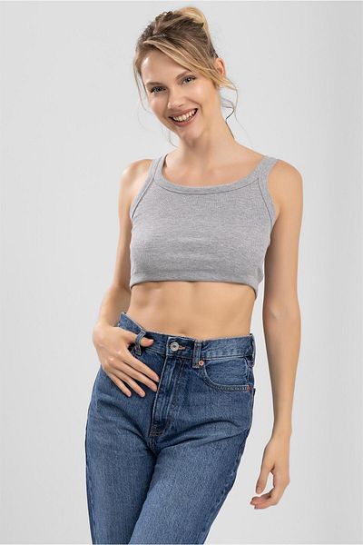 BAYKAR Gray Oval Collar Thick Strap Crop Bustier