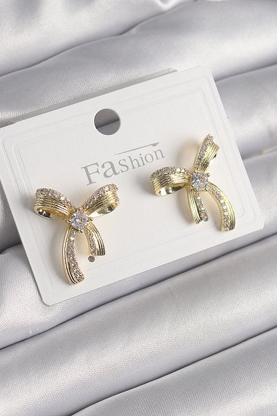 SeyCey.co Brass Gold Color Zircon Stone Bow Model Women's Earrings