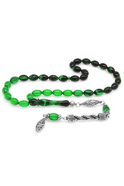 Tesbihane Non-Tarnish Metal Rope Tasseled Barley Cut Filtered Green-black Fire Amber Prayer Beads