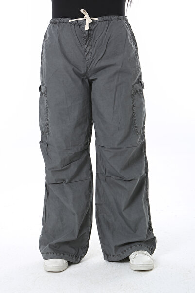 Şans Women's Plus Size Gray Cargo Pocket Waist Lace-Up Sports Pants 65N38551