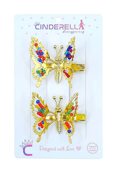 hbtasarim Set of 2 Retro Swinging Butterfly Hairpins - Gold Metal, Moving and Bead Detail Hair Clip