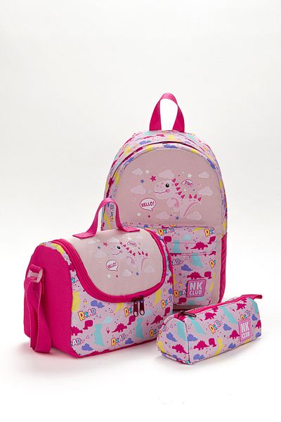 NK Rucsac roz pentru școală primară Cutie de prânz pentru grădiniță Set de 3 suporturi pentru stilouri