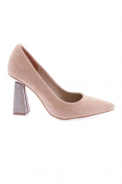 DGN Beige Suede Women's Goblet Heeled Shoes - Rhinestone Heel, Pointed Toe 6821535