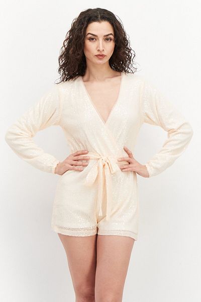 IN THE STYLE Women Sequined Long Sleeve Playsuit, Peach