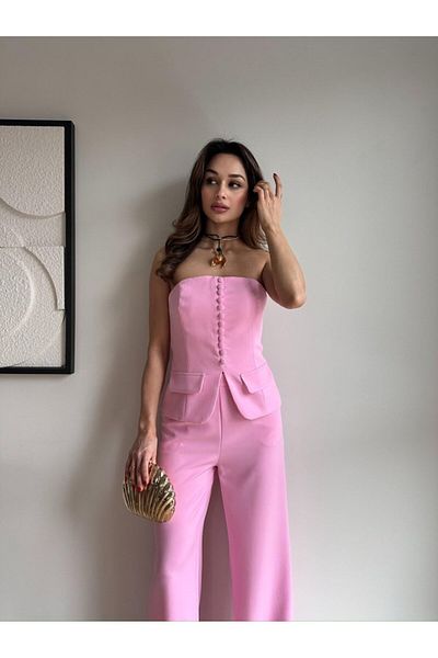 Rabia Çelik Costum 2 piese pentru femei, roz, cu nasturi în față, fără bretele