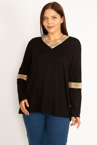 Şans Women's Large Size Black Lace Detailed Blouse 65n34647