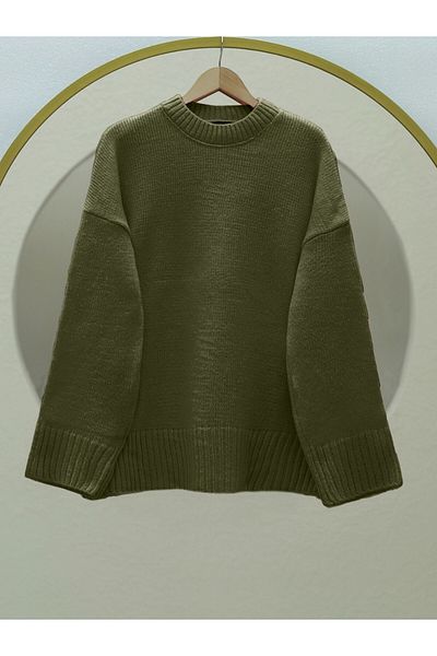 Modamorfo Crew Neck Skirt Ribbed Loose Knitwear Sweater -Khaki