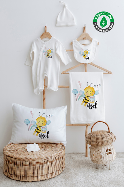 Lilabio %100 Organik İsme Özel İsimli 6lı Hastane Çıkışı Tulum Set Bal Arası