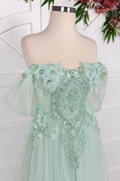 Lenta Moda Water Green Beaded Lace Overlay Midi Length Evening Dress and Evening Gown