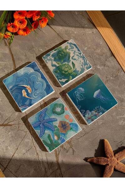 arslart قواعد أكواب من الحجر الطبيعي بتصميم بحري، مع نمط السلحفاة ونجم البحر،...