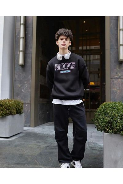 1blood Hope World Κεντημένο Μαύρο Oversize Φούτερ - Χοντρό Σχέδιο