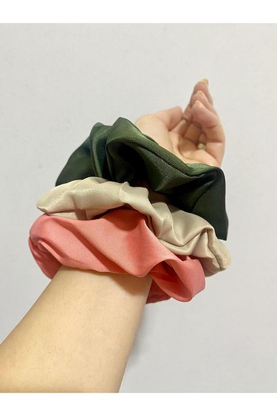 shiny ever Scrunchie din 3 piese cu cataramă elastică din satin, cremă de somon kaki
