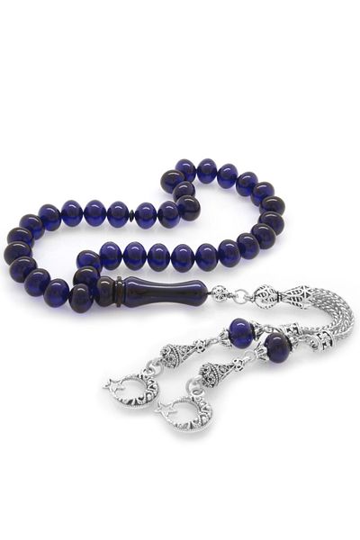 Tesbihane Non-Tarnish Metal Crescent Star Tasseled Wheel Cut Navy Blue Clamping Amber Prayer Beads