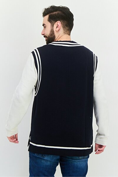 Perry Ellis Men V Neck Embroidered Sweater, Navy