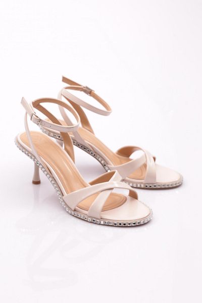 DGN 2416 Pantofi de seara cu toc cu bretele incrucisate de dama Bej