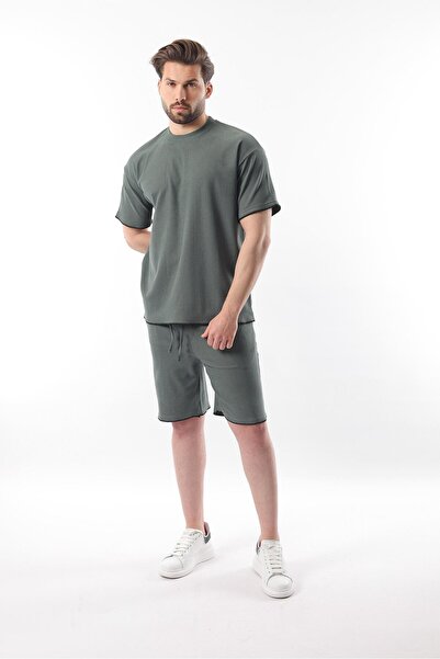 Madmext Haki Nakış Detaylı Erkek Şort T-shirt Takım E7305