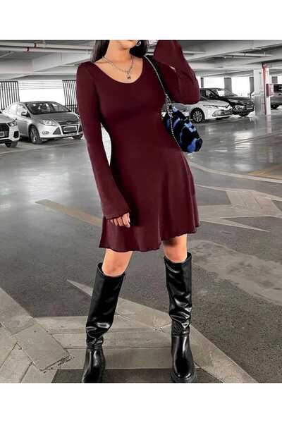çatı moda KOPYA - BORDO İspanyol Kol Esnek Viskon  Kadın Elbise