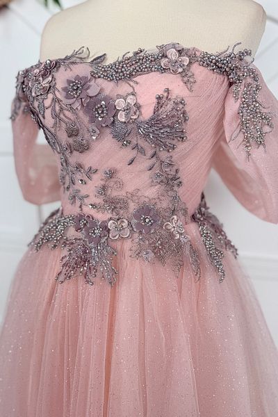 Lenta Moda Powder Glitter and Colorful Three-Dimensional Lace Detailed Midi Length Evening Dress and Evening Dress