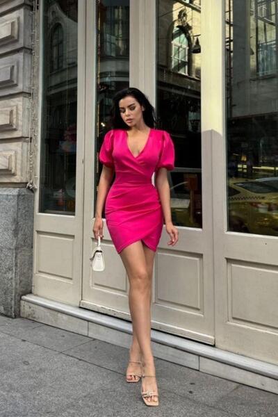 Mossta Fuchsia Balloon Sleeve and Drawstring Double Breasted Dress