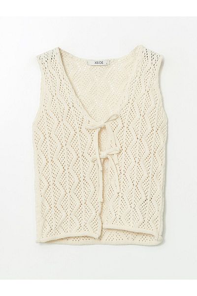 LC Waikiki Xside Ecru V-Neck Openwork Women's Knitwear Vest