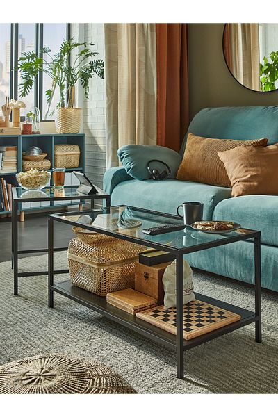 erorex Nest of tables, set of 2, black-brown/glass, 90x50 cm