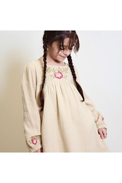 OZZY KİDS Girl's Cross Stitch Embroidered Muslin Fabric Dress